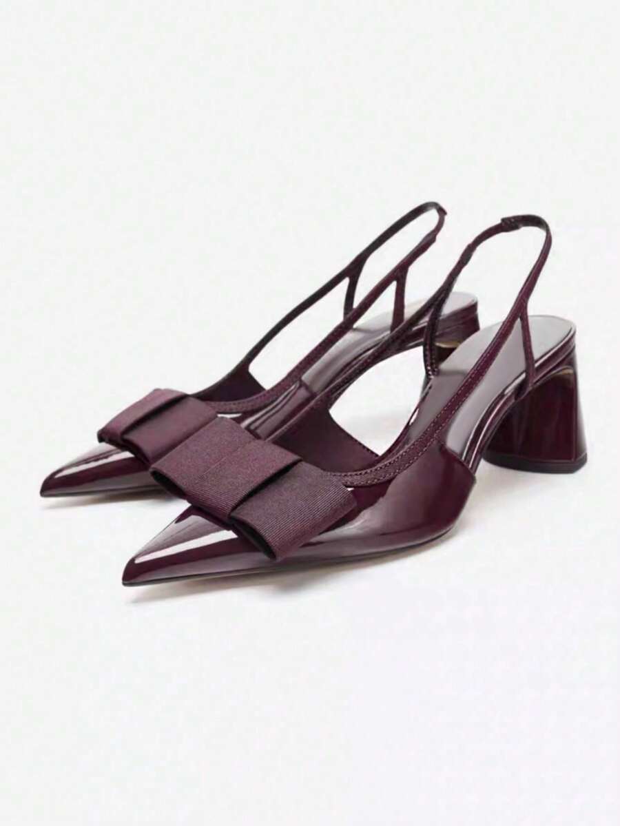 2026 Spring/Summer New Burgundy Bow Decor Open Toe Mule Shoes, Pointed Toe Slip-On Sandals - Burgundy - View 1