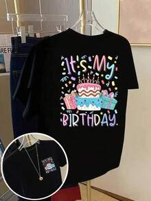 Camiseta de manga corta con cuello redondo para mujer, estilo retro de vacaciones, nueva colección 2026, con estampado, para compras informales, regalos de vacaciones, reuniones con amigos, fiestas deúsica y ropa de vacaciones. - Negro - Ver 1
