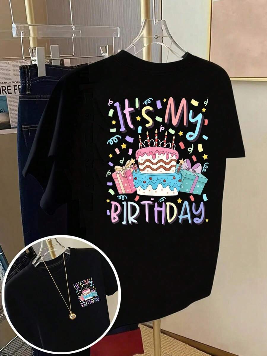 Camiseta de manga corta con cuello redondo para mujer, estilo retro de vacaciones, nueva colección 2026, con estampado, para compras informales, regalos de vacaciones, reuniones con amigos, fiestas deúsica y ropa de vacaciones. - Negro - Ver 1