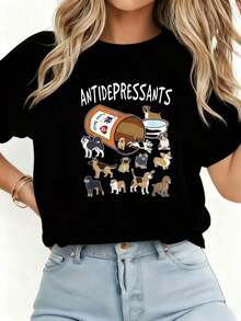 MinimalistCamiseta Negra con Estampado de Perros y Frasco de Antidepresivos para Mujer Camiseta Divertida con Diseño de Animales y Texto Antidepresants Camiseta Casual con Grafico de Mascotas y MedicinaWomen's Simple Solid Color T-shirt, Loose and Slim Fit Casual Short Sleeve - Negro - Ver 3