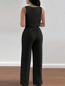 Set de 2 piezas para mujer con top corto elegante con diseño calado y ata y pantalón recto para vacaciones - Negro - Ver 2