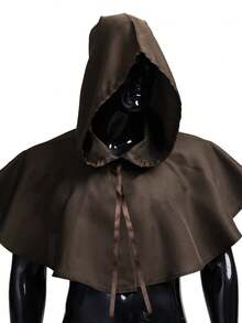 1PC Medieval Brown Hooded Capelet, Short Hooded Cloak For Gothic Witch Cosplay For LARP And Halloween Cosplay Props,Party - A - View 2