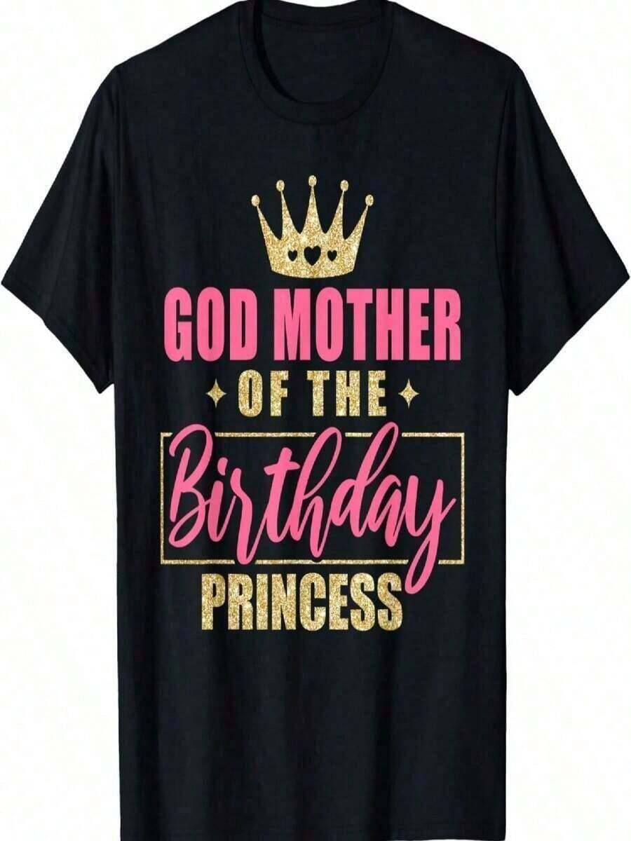 Ropa de Verano IZI POD Camiseta de Fiesta para Niñas 'Madrina de la Princesa del Cumpleaños' - Negra, Talla Pequeña Y2Y - Conjuntos de Primavera para Mujer, Camisetas, Blusas para Mujer - Negro - Ver 1