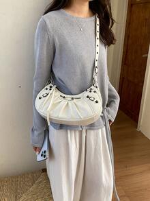 2026 Spring/Summer New White Motorcycle Style Pleated Crescent Underarm Rivet Fringe Design Shoulder Crossbody Bag, Versatile Texture Punk Retro Commuter Bag With Large Capacity - White - View 3