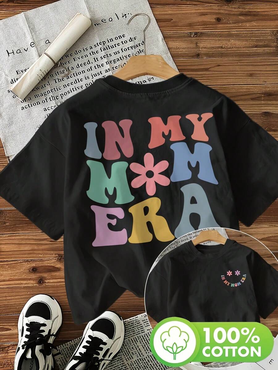 Camiseta con Estampado de Patrones In Era para Mujer, Cuello Redondo Casual, Manga Corta, Negra, con Letras Coloridas y Diseño Floral, Lavable a Máquina, Perfecta para Primavera y Verano, Camiseta de Verano 100% Algodón para Mujer, Adecuada para Talla S, Corte Holgado, Camiseta de Manga Corta de Algodón Puro a la Moda