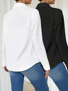 Blusa blanca casual con cuello y bolsillo, de manga larga ajustada para mujeres - Blanco y Negro - Ver 2