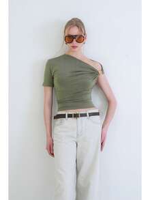 ASİMETRİK YAKA DRAPELİ OMUZ AKSESUARLI SANDY BLUZ - Mint Green - View 4