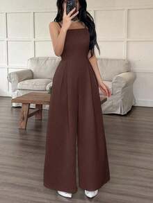 de pierna ancha holgado con pliegues plegados de unicolor para uso casual y diario de verano para mujeres - Marrón - Ver 7