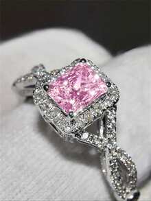 1pc Elegant Cubic Zirconia Ring, Suitable For Women, Ideal For Weddings, Engagements, Anniversary Parties, Valentine's Day Gift - Pink - View 14