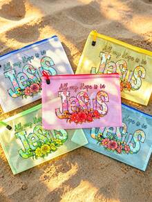 Bolsa de playa de malla de colores a prueba de agua, bolsa de maquillaje con estampado de letras florales "Jesús", bolsa de maquillaje transparente de gran capacidad - Multicolor - Ver 2