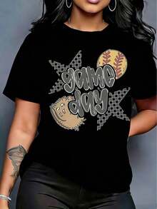1 Baseball And Softball Game Day T-Shirt, Retro Sports T-Shirt, Unisex Game Day T-Shirt, Baseball And Softball Graphic Top, Cute Softball Game Day T-Shirt, Women's Spring Summer Holiday Outfits, 180g 100% Cotton. - 黑色 - 查看 1