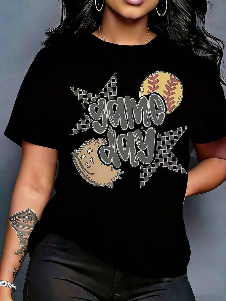 1 Baseball And Softball Game Day T-Shirt, Retro Sports T-Shirt, Unisex Game Day T-Shirt, Baseball And Softball Graphic Top, Cute Softball Game Day T-Shirt, Women's Spring Summer Holiday Outfits, 180g 100% Cotton. - 黑色 - 查看 1