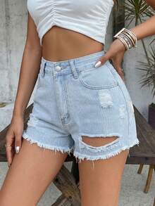 Women's Casual Button Fly Distressed Frayed Hem Denim Shorts, Comfortable Fit - Blue - View 1