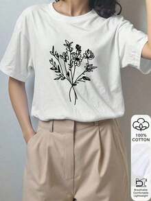 Camiseta suelta con estampado floral para mujer, 100% algodón, camiseta gráfica de manga corta blanca, Año Nuevo Chino, Año Nuevo Lunar, Año del Caballo, Feliz Año Nuevo, regalo del Día de San Valentín, regalo para ella, vuelta al colegio, primer día de clases 2026 Casual Vacaciones - Blanco - Ver 1