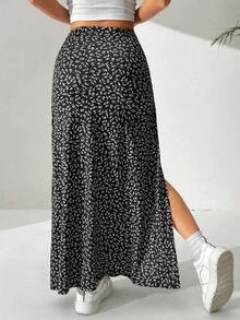 Falda larga con diseño floral pequeño y abertura en el dobladillo - Blanco y Negro - Ver 2