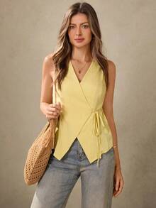 Chaleco estilo BOHO casual de estilo campestre estadounidense en color crema amarillento, con tirantes delgados, adecuado para maestras, oficina, viajes, con aspecto vintage.Blusa de verano para mujer en color amarillo claro, top de verano para mujer, top con lazo amarillo, top envolvente amarillo, top cruzado para mujer, top de verano para mujer de estilo occidental, para maestras de campo - Amarillo - Ver 1