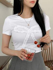 Camiseta casual de verano para mujer con volantes y decorativa con lazo, crop tops para mujer, camisetas gráficas - Blanco - Ver 8