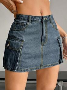 Falda vaquera de cargo de unicolor de verano para mujer - Azul - Ver 5