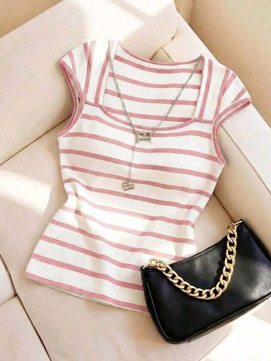 Camiseta de punto de rayas ajustada, estilo minimalista francés, top casual de manga corta, ideal para fiestas, primavera/verano - Rojo y blanco - Ver 1