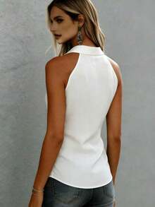 Blusa casual de verano blanca de longitud regular con top de camisola de satén y cuello con lazo para mujer - Blanco - Ver 3