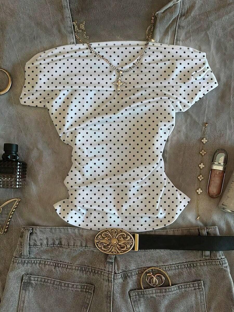 Camiseta de moda con estampado de labios de hombros descubiertos en negro para mujer, de verano - Blanco - Ver 1
