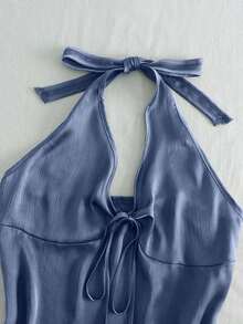 Nuevo top de verano de mujer con cuello halter, cintura fruncida y lazo, sexy y casual para vacaciones - Azul - Ver 6
