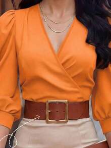 Blusa corta de mujer con cuello en V, manga de pétalo con lunares, cintura ceñida, nueva para primavera/verano - Naranja - Ver 5