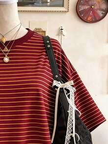 Camiseta casual de mujer de cuello redondo, hombros caídos y largo medio con estampado digital a rayas burdeos, un regalo para amigos - Multicolor 6 - Ver 3