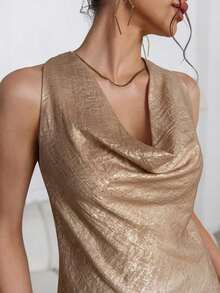 1 pieza Blusa de mujer con cuello de lazo en color albaricoque, minimalista y elegante, top sin mangas - Dorado - Ver 4