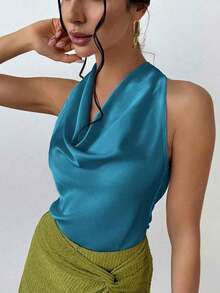 1 pieza Blusa de mujer con cuello de lazo en color albaricoque, minimalista y elegante, top sin mangas - Agua verde azul - Ver 4