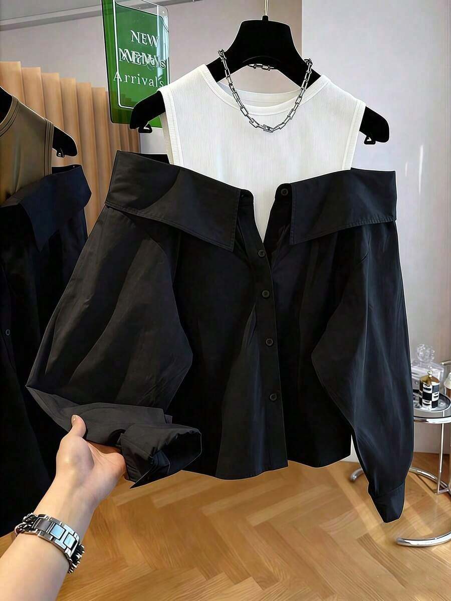 Blusa suelta de manga larga y hombros descubiertos de moda para mujeres - Blanco y Negro - Ver 1