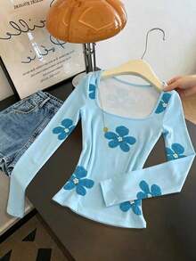 Camiseta de manga larga de cuello cuadrado gris minimalista de ajuste ceñido, adecuada para primavera, verano, otoño e invierno.Camiseta de moda, regalo de estilo minimalista para hermanos, hermanas, mamá, Día de la Madre, top de moda casual. - Multicolor 6 - Ver 3