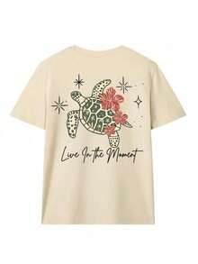 Camiseta de manga corta para mujer con cuello redondo, corte holgado oversize, con estampado en la parte posterior de tortuga marina con flores tropicales y texto "Live In the Moment", apta para uso diario, salidas casuales, fines de semana, vacaciones, playa y actividades al aire libre, fabricada en poliéster, de estilo casual playero fresco, ideal para usar en primavera y verano. Envío nacional dentro del país. - Albaricoque - Ver 3