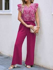 2 piezas Conjunto casual de vacaciones con blusa de mangas de casquillo con cuello en V con estampado floral y pantalones de pierna ancha para mujer - Rosa Fucsia - Ver 4