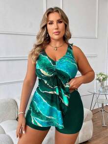 Swim Lushoire Vestido de baño con estampado de mármol para playa de talla grande y pantalones cortos de baño sólidos - Verde Oscuro - Ver 5