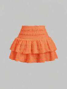 Falda mini casual y de resort Y2K con dobladillo de doble capa y ribete de volantes de unicolor - Naranja - Ver 2