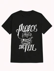 Free Shippingmother GiftsNew Pierce Veil T-Shirt Aesthetic ,Casual Print,Comfortable And Versatile,Letter Pattern Pure Cotton 220g Printed T-Shirtgoing Out Outfitsvintage, Top For Woman, Local Warehouse Items Women's Clothes - 黑色 - 查看 1