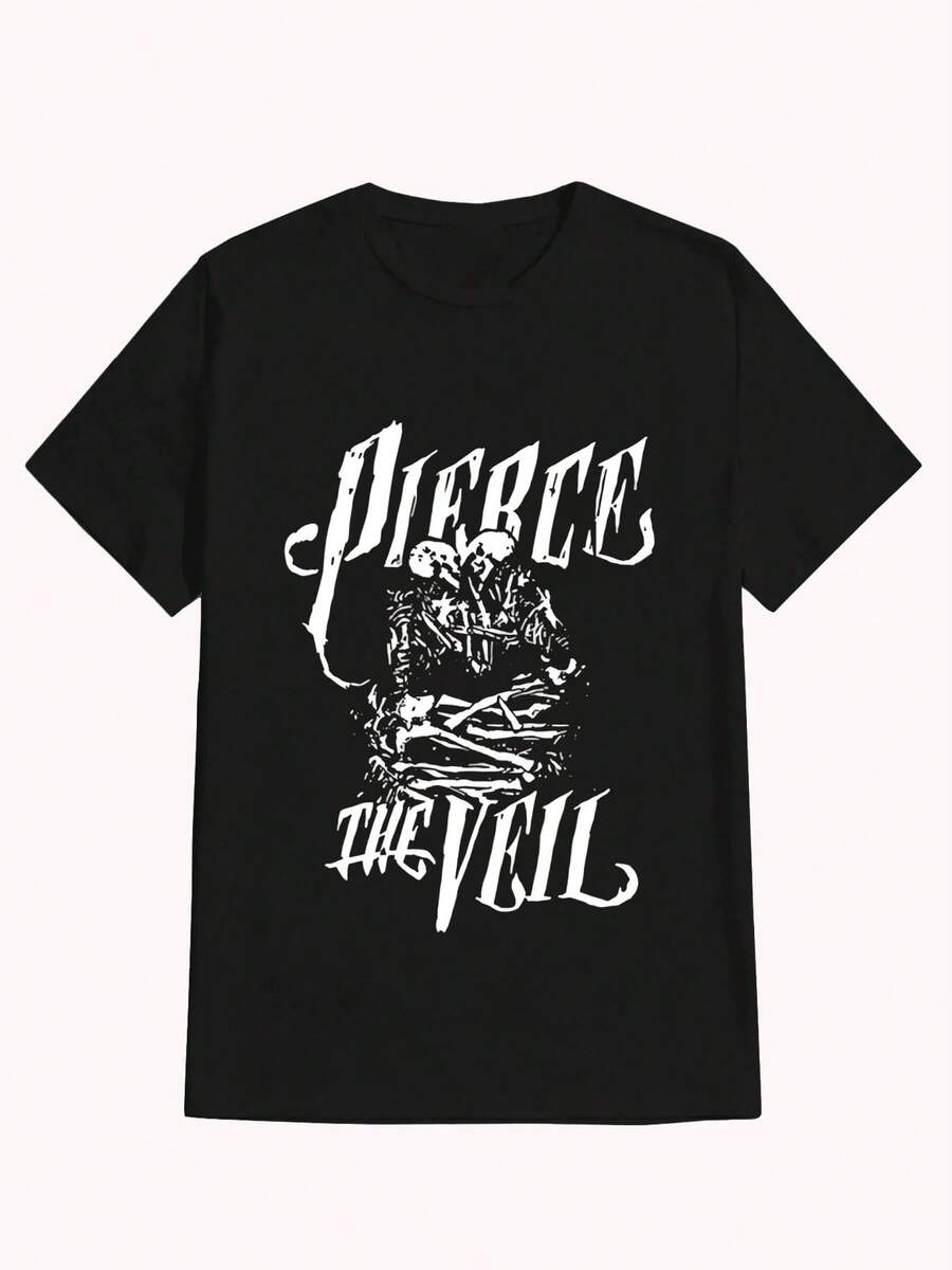 Free Shippingmother GiftsNew Pierce Veil T-Shirt Aesthetic ,Casual Print,Comfortable And Versatile,Letter Pattern Pure Cotton 220g Printed T-Shirtgoing Out Outfitsvintage, Top For Woman, Local Warehouse Items Women's Clothes - 黑色 - 查看 1