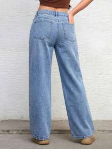 ICON Solid Color Wide Leg Pocket Jeans, Casual And Versatile - 輕柔的洗滌 - 查看 10