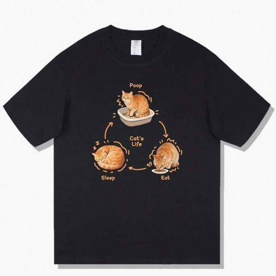 Funny Short-Sleeved T-Shirt With Three-Dimensional Cat Design [Eating And Sleeping, Orange Cat] For Men And Women, Made Of Pure Cotton. - 黑色 - 查看 1