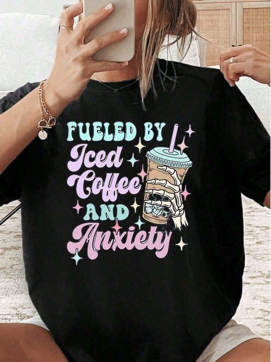 1 pcsCamiseta Iced Coffee Anxiety, camiseta informal de verano de algodón de con cuello redondo y manga corta (1 pieza)180g 100% Cotton soft - Negro - Ver 1