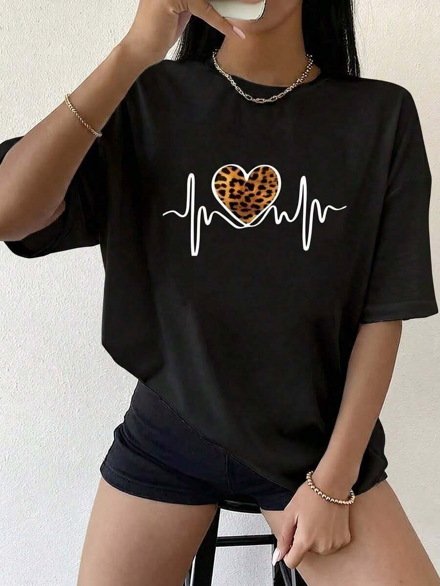 100% cotton Camiseta Casual Negra para Mujer con Estampado de Corazón de Leopardo, Manga Corta, Cuello Redondo, para Uso Diario, Linda y Elegante - Negro - Ver 1