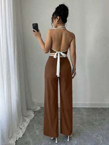 Conjunto de 2 piezas para mujer con top halter escotado en la espalda con ribete de color contrastante y pantalones largos - Marrón - Ver 6