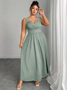 Elenzya Vestido línea A con cuello en V, contraste de encaje, tirantes finos y abertura para tallas grandes - verde menta 2 - Ver 6