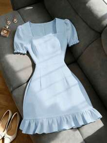 Vestido casual de línea A de manga corta con cuello cuadrado y perlas, unicolor elegante, adecuado para invitados, banquetes, cumpleaños, fiestas, verano/otoño, citas, ir al trabajo, estilo callejero, color albaricoque - Azul - Ver 9