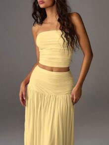 Unity Conjunto de 2 piezas de top corto de bustier de malla de unicolor y falda larga para mujer - Amarillo claro - Ver 5
