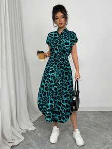 Vestido largo de manga corta para verano 2025, nuevo, con bolsillo, abertura lateral, cinturón y lazo, estampado de leopardo, para uso casual y de viaje - Verde Oliva - Ver 5