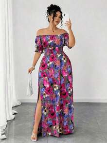 Vestido casual elegante de talla grande para mujer de primavera/verano, en azul sólido de aspecto de mezclilla con cintura fruncida y con abertura lateral - Rosa Fucsia - Ver 3