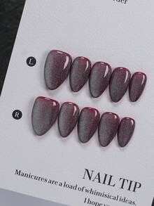 10 piezas de uñas cortas con forma de almendra hechas a mano (incluye herramientas de manicura), pegatinas de uñas con efecto ojo de gato en color rojo vino degradado con brillo plateado, uñas postizas brillantes, adecuadas para ir al trabajo, atuendos de otoño/invierno, estilo elegante de señora y regalos, aplicables para todas las estaciones, pegatinas de uñas, suministros de uñas, uñas de aplicación - Multicolor - Ver 9