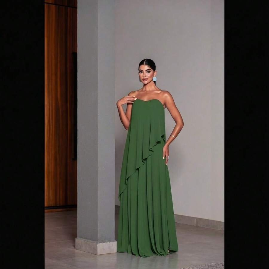 Long Strapless Wedding Dress For A Daytime Wedding, Elegant For A Guest, Bridesmaid. - 橄欖綠 - 查看 1